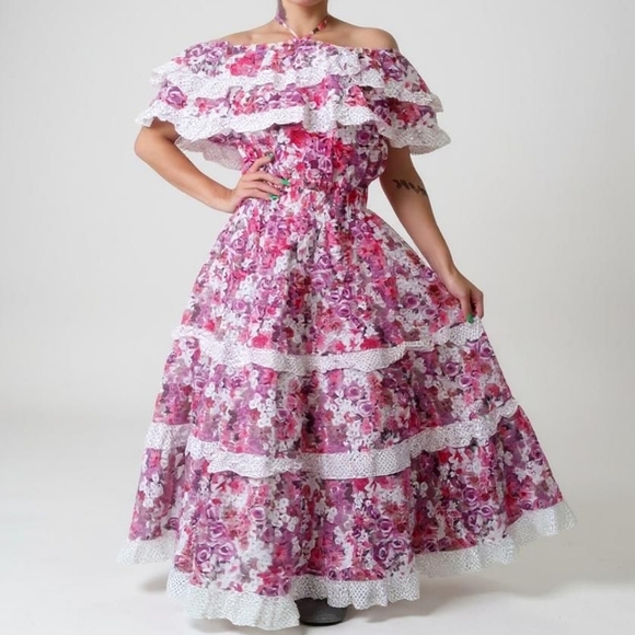 Vintage Floral Halter Maxi Dress Pink White Ruffle Small - Picture 2 of 4